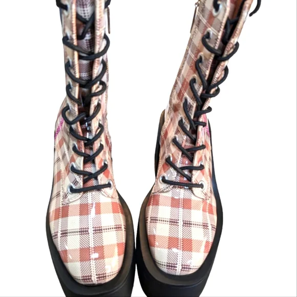 Larroude Olivia Plaid Platform Combat Boots... Size 6.5